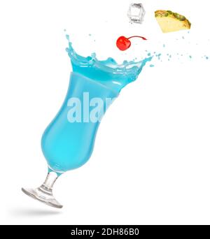 pineapple, cherry and ice cube falling into a splashing blue hawaiian isolated	on white Stock Photo