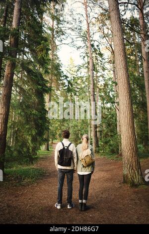 Rear view of wonderlust couple standing together in forest Stock Photo