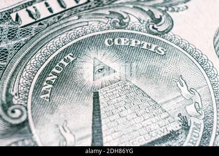 One dollar bill close up photo. Detail of US one dollar banknote with. Macro shot of single dollar bill. Top view of USA currency note with inscriptio Stock Photo
