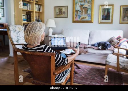 Senior woman using smart phone at home while dog relaxing on sofa Stock Photo