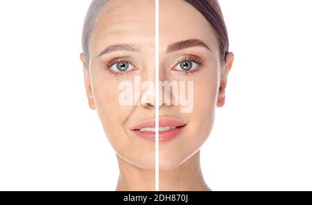 Skin aging concept, portrait. Before and after, young and old face, aging process. Cosmetology anti-aging procedures. Smooth skin and wrinkles Stock Photo