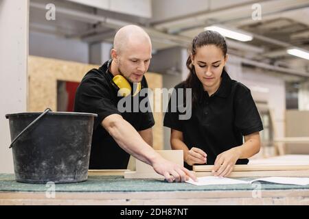 Carpentry teacher explaining female student at workbench Stock Photo