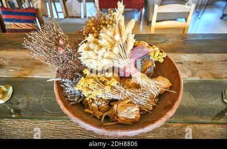 Dried flower arrangement in a vintage case Stock Photo