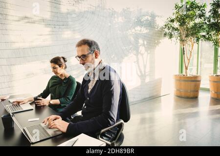 Multi-ethnic business people using laptops at table in creative office Stock Photo