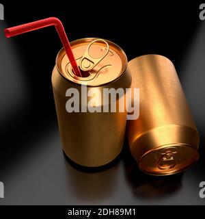 Gold frozen aluminum beer or soda cans with red straw isolated on