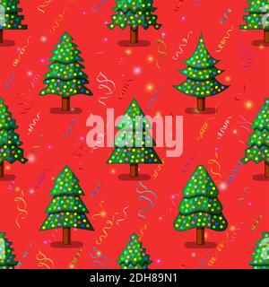 Christmas Seamless Background for Holiday Design, Green Fir Trees with Decoration, Red Tile Holiday Pattern with Stars and Serpentine. Vector Stock Vector