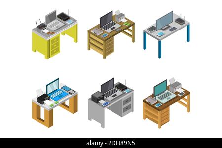 Set Of Isometric Office Desk On Background Vector Graphic Illustration. Stock Vector