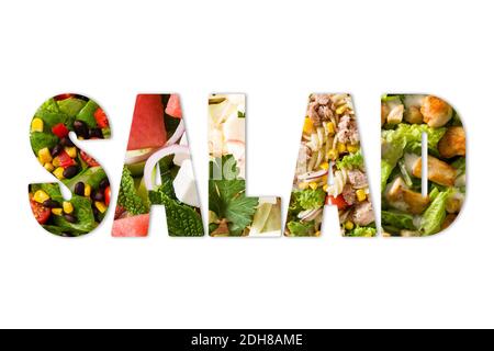 The word salad composite with different salad photos inside Stock Photo