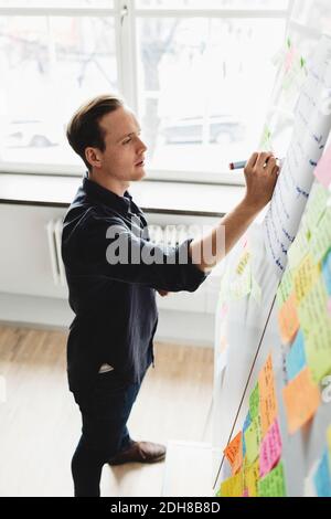 Businessman writing on whiteboard in creative office Stock Photo