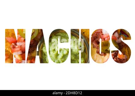 The word nachos composite with nachos photo inside, on white background Stock Photo
