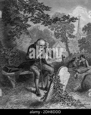 Man sits at his wife's grave. His children are in the background. Artwork from Godey's Lady's Book and Magazine, 1880, Published in Philadelphia, USA by Louis A. Godey, Sarah Josepha Hale, Stock Photo