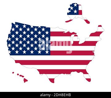 Map of the USA with the national flag of United States of America isolated on white background. Thin black stroke. Vector illustration. Stock Vector