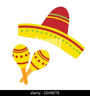Hand drawn flat Sombrero and maracas vector isolated on white background. Bright colors - red, yellow, green decorations Stock Vector