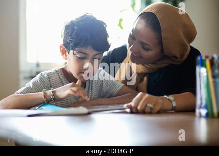 Smiling mother assisting son in using digital tablet while studying at home Stock Photo