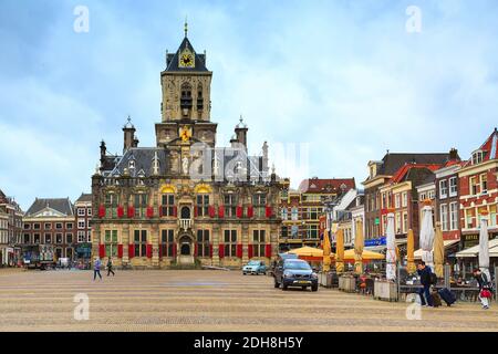 Stadhuis or City Hall, Markt square, houses, people in Delft, Holland Stock Photo