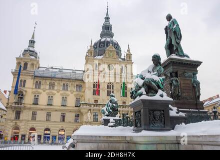 Graz, Austria - December 03, 2020: Main square Hauptplatz with Erzherzog Johann fountain and Town Hall in the background, in winter, in Graz, Styria r Stock Photo