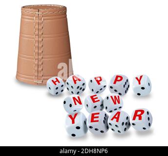 Tumbling dice spelling Happy New Year and a raffle cup standing upside down in the background on white background. Good luck and wealth concept. Stock Photo
