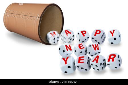 Dice spelling Happy New Year when tumbling out of a raffle cup on white background. Good luck and wealth concept. Stock Photo