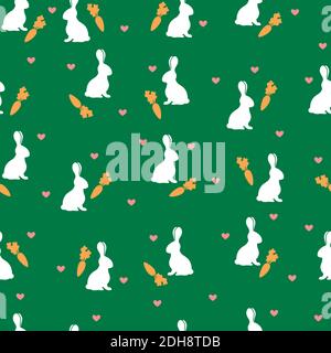 seamless pattern rabbits with carrot on a green background Stock Vector