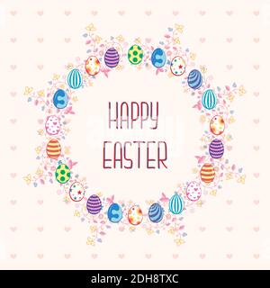 round frame of Easter eggs and floral wreath. Stock Vector