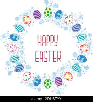 round frame of Easter eggs and floral wreath. Stock Vector