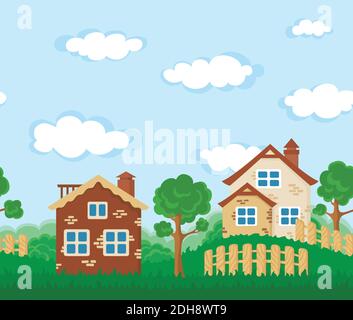 Seamless horizontal landscape houses, trees and the sky with clouds Stock Vector