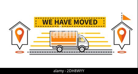 We have moved announcement icon. Change address location. Truck moving to new house with navigation pin. Shop or office relocation. Vector Stock Vector