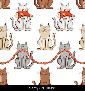 Seamless pattern of cats with fish and sausages Stock Vector