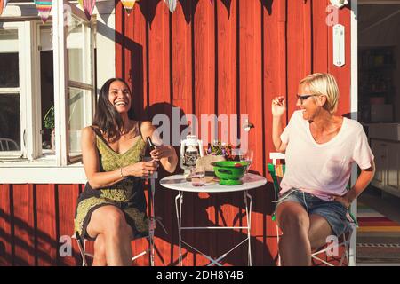 Cheerful mature female friends enjoying summer in back yard on sunny day Stock Photo