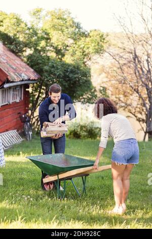 Man holding a wheelbarrow and a woman putting potted plant in it Stock ...