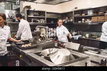 Chefs working in commercial kitchen at restaurant Stock Photo