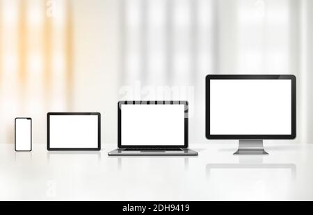 Computer, laptop, mobile phone and digital tablet pc Stock Photo