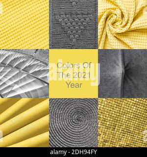 Trendy square collage of yellow and grey different texture and abstract pattern. Color Ultimate Grey and Illuminating of the 2021 year. Stock Photo