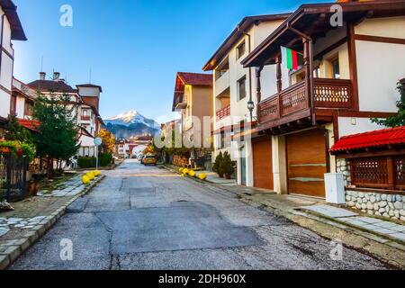 Bansko, Bulgaria autumn street and mountain view Stock Photo