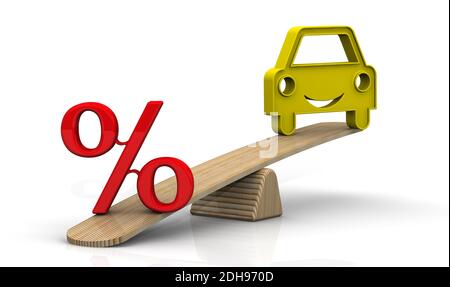 Red percent sign and symbol of the vehicle weighed on the scales. The interest rate on the car loan. Financial concept. Isolated. 3D Illustration Stock Photo