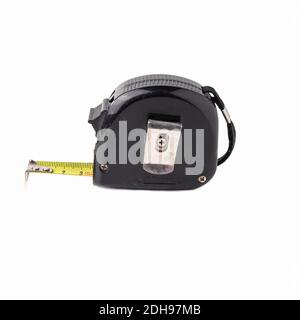 Black construction roulette isolated on a white background. Measuring tool close-up Stock Photo