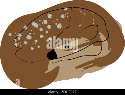 Sleeping line deer with paint spots, colour doodle sketch vector illustration, hand drawn animal drawing, isolated on white. EPS 10 Stock Vector