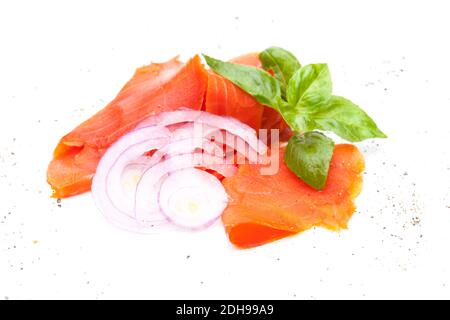 Salmon and onion rings isolated on white background Stock Photo