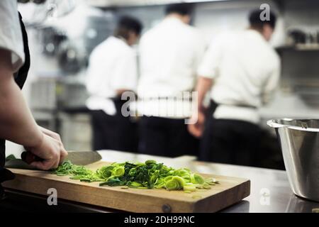Cropped image of female chef chopping leek on cutting board with colleagues in background at restaurant Stock Photo