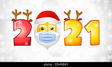 Merry Christmas and A Happy New Year 2021 holiday card. White backdrop lock down symbol, yellow face. Decorative 3D icon. Isolated abstract graphic Stock Vector
