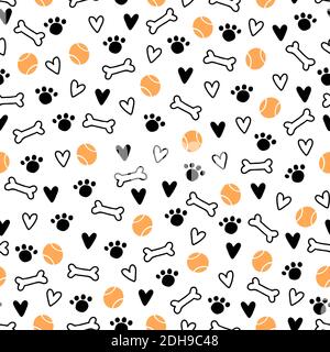 Seamless pattern of cute dog puppy symbol, toy, paw, footstep. Cartoon funny and happy dog concept with simple shape style. Illustration for background, wallpaper, textile, fabric. Stock Vector