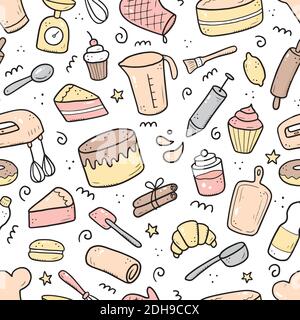 Hand drawn seamless pattern of baking and cooking tools, mixer, cake, spoon, cupcake, scale. Doodle sketch style. Illustration for textile, background, wallpaper design. Stock Vector