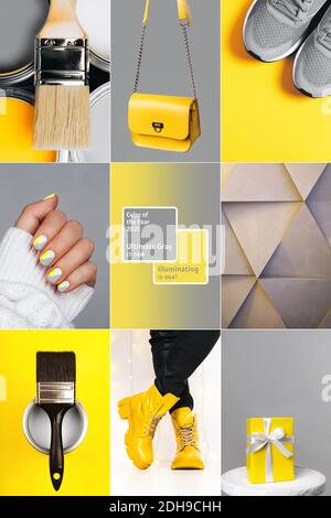 Collage demonstrating trendy colors 2021 - Gray and Yellow. Vertical edition for social media Stock Photo