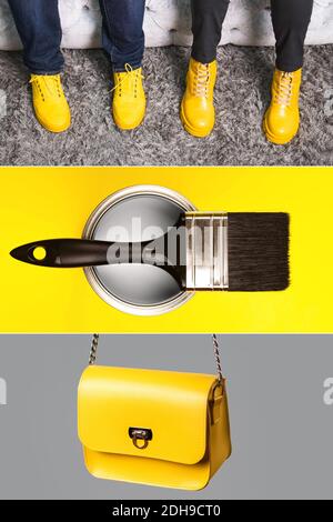 Collage demonstrating trendy colors 2021 - Gray and Yellow. Vertical edition for social media Stock Photo