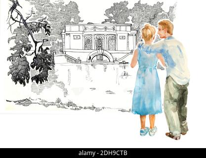 Couple hugs in a park, ink landscape and watercolor characters hand drawn emotional illustration. Stock Photo