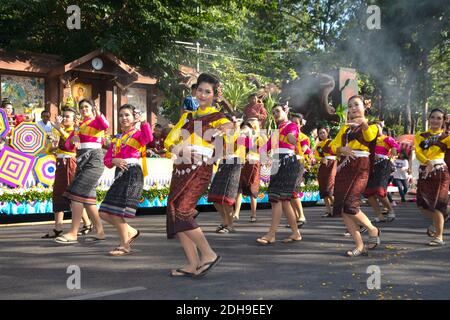Unidentified traditional dancing in Participants take part in the celebration of International silk ' Pook Xiao' tradition and red cross fair 2019. Stock Photo