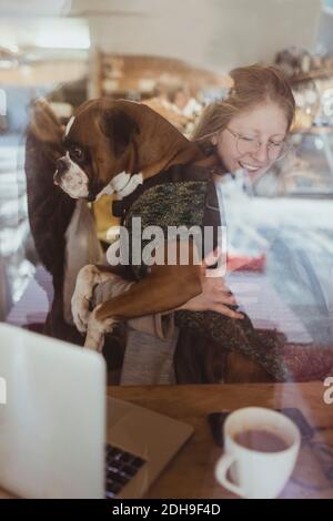 Smiling young woman sitting with boxer dog seen through cafe window Stock Photo