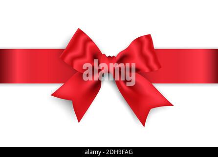 Realistic red bow with red wide ribbon isolated on white background, vector illustration. Stock Vector