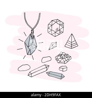 Vector set of crystals, quartz and stones for alternative medicine. Doodle Stock Vector