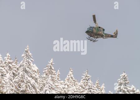 A beautiful low angle shot of a helicopter of the Austrian army in the air above snowy firs Stock Photo